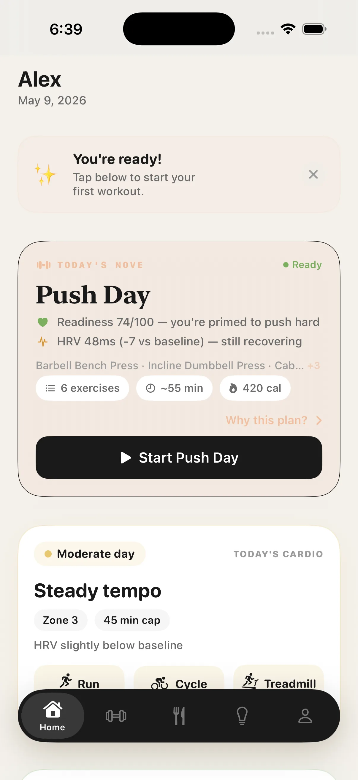 RepMemory dashboard showing today's smart session, readiness score, and recovery insights