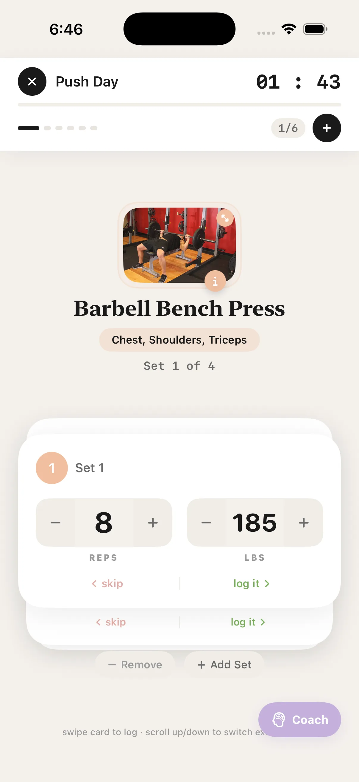 RepMemory active workout screen with set logging and rest timer