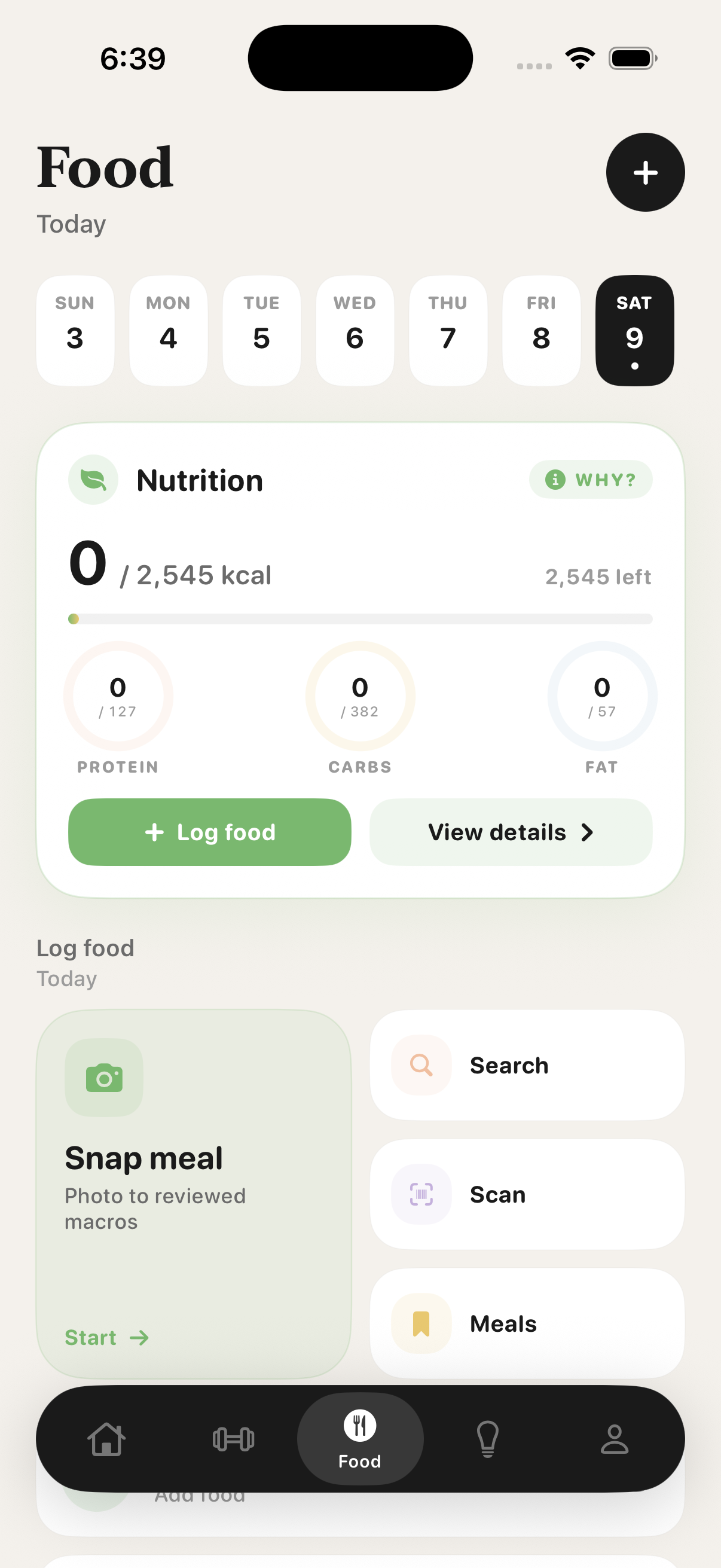 RepMemory nutrition dashboard with macro rings and quick-log shortcuts