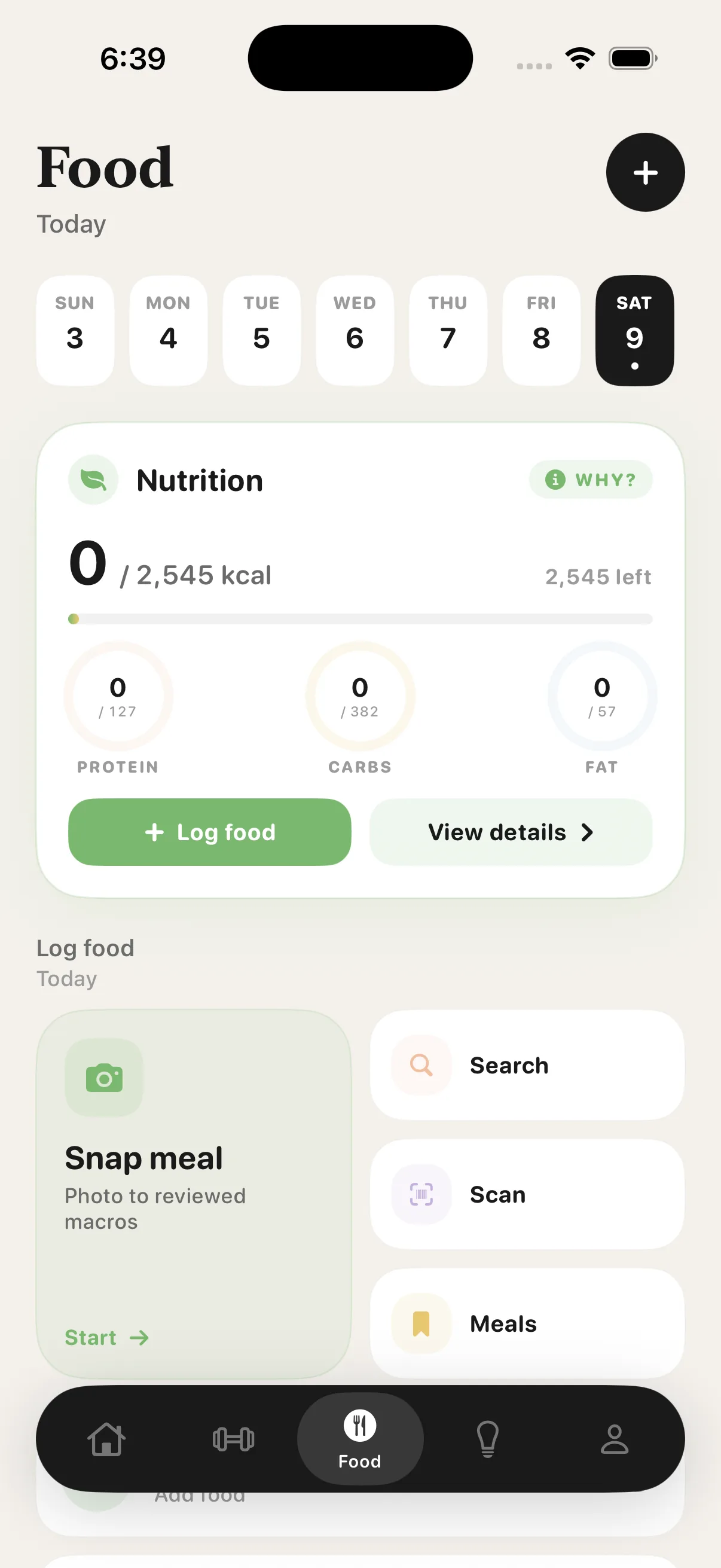 RepMemory nutrition dashboard with macro rings and quick-log shortcuts