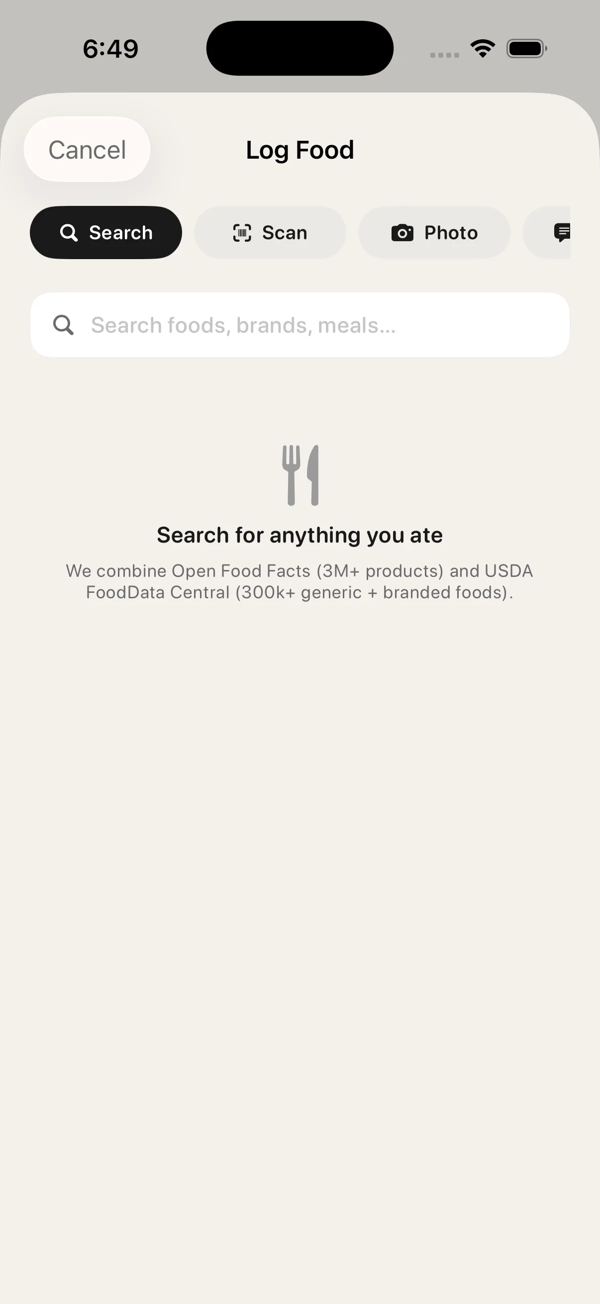 RepMemory food logger with Search, Scan, and Photo modes